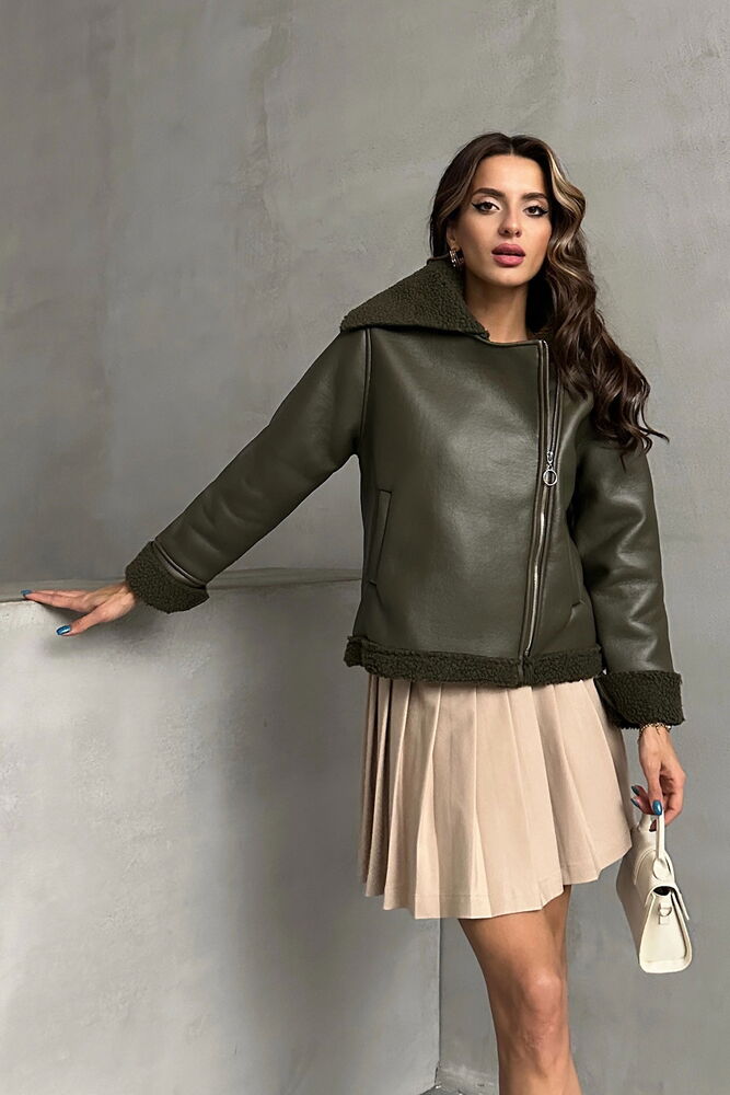 Topshow Khaki Zippered Leather Coat