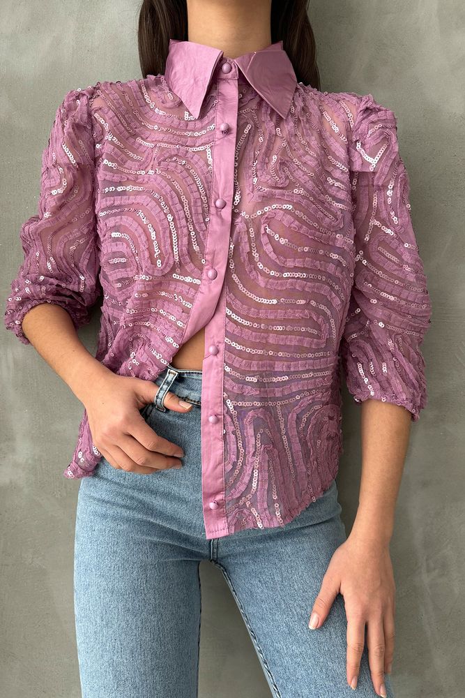 Topshow Lilac Sequin Embroidered Tulle Wholesale Shirts