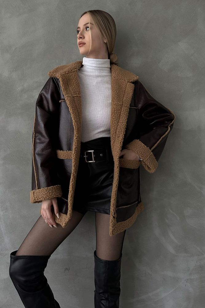 Topshow coffee leather fur coat