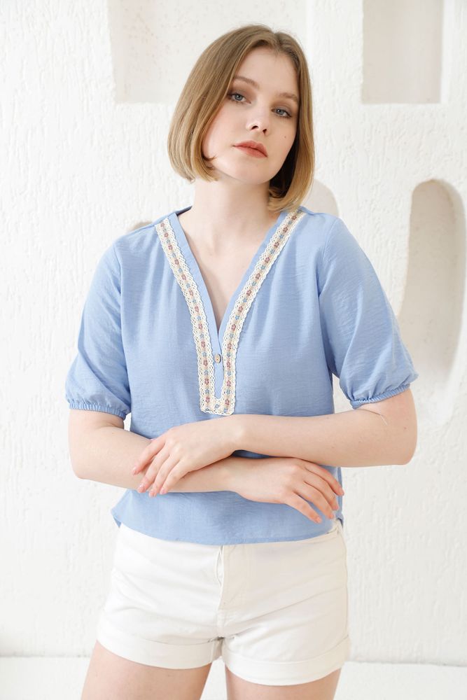 Topshow Blue V-Neck Embroidered Wholesale Blouse