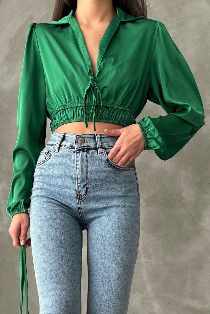 Topshow Emerald Belly Top Shoulder Pleated Wholesale Shirt Collar Wholesale Blouse