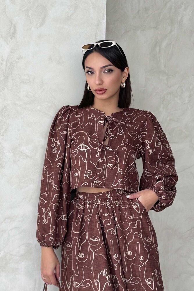 Embroidered Front Tie Wholesale Blouse - Coffee | Topshow