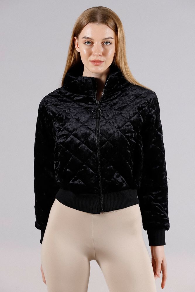 Topshow Black Stand Collar Quilted Zipper Wholesale Coat