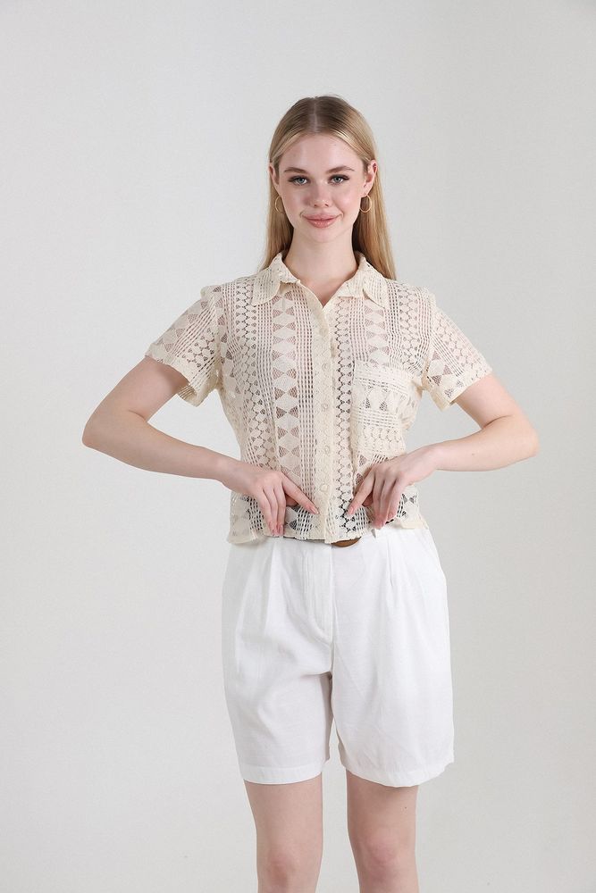 Topshow Cream Belted Linen Wholesale Shorts