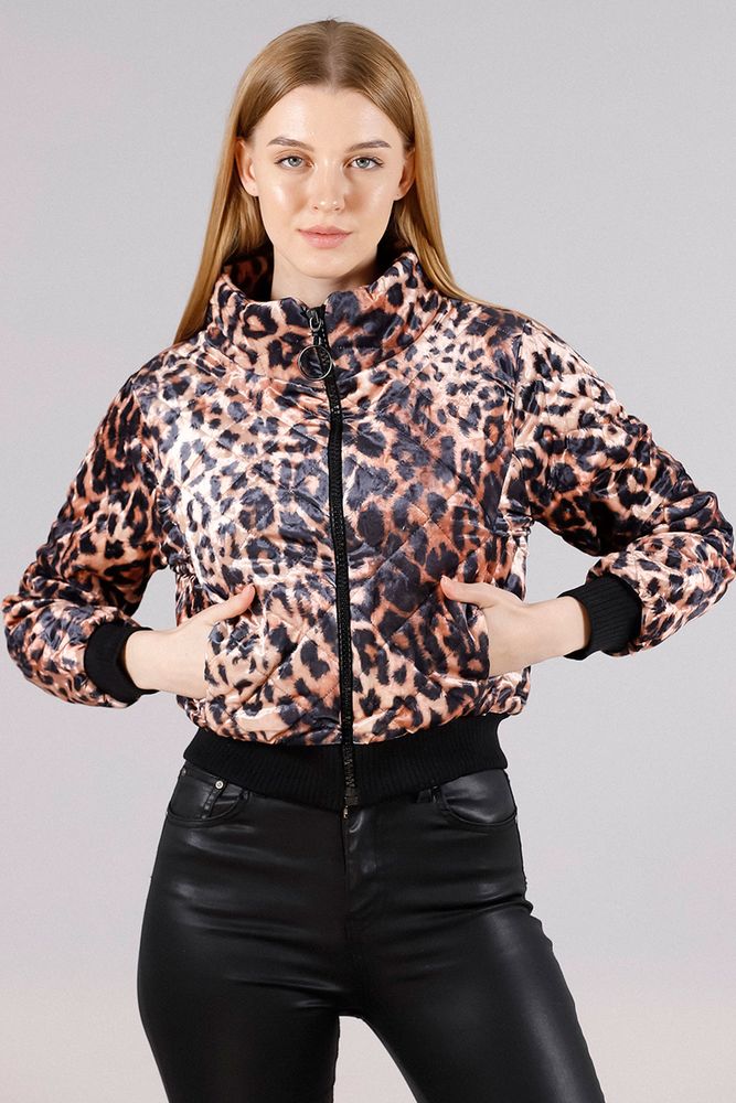 Topshow Leopard Collar Quilted Zipper Wholesale Coat