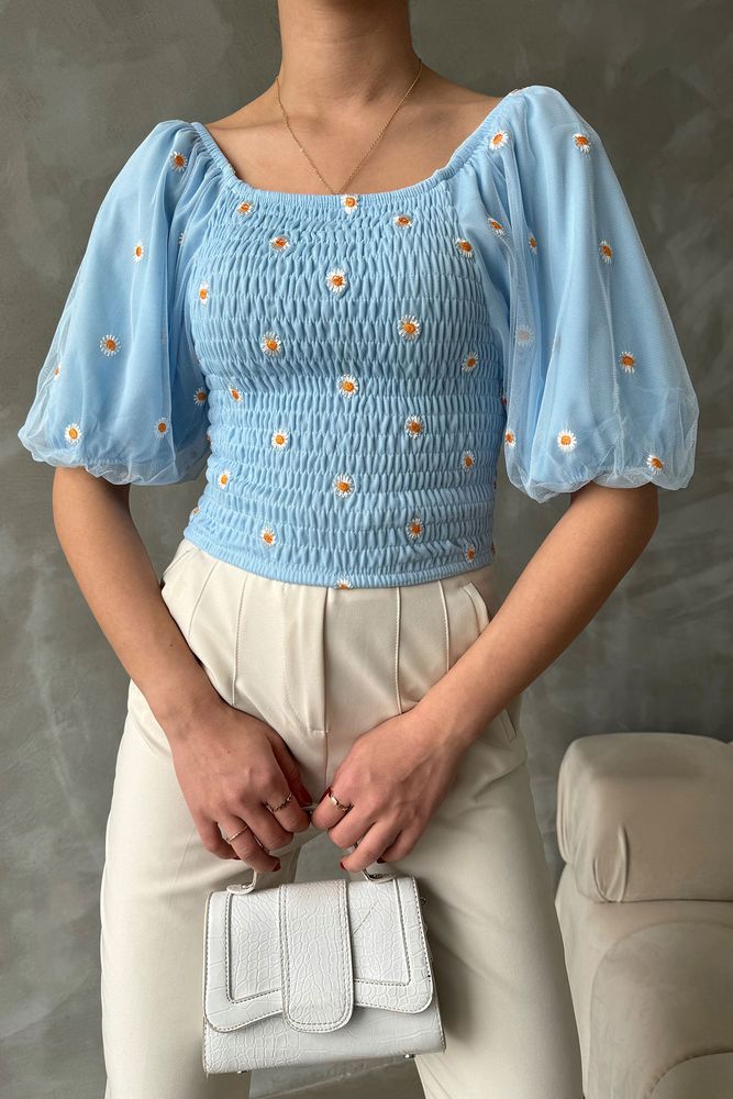 Topshow Blue Gipe Detailed Patterned Chiffon Wholesale Blouse