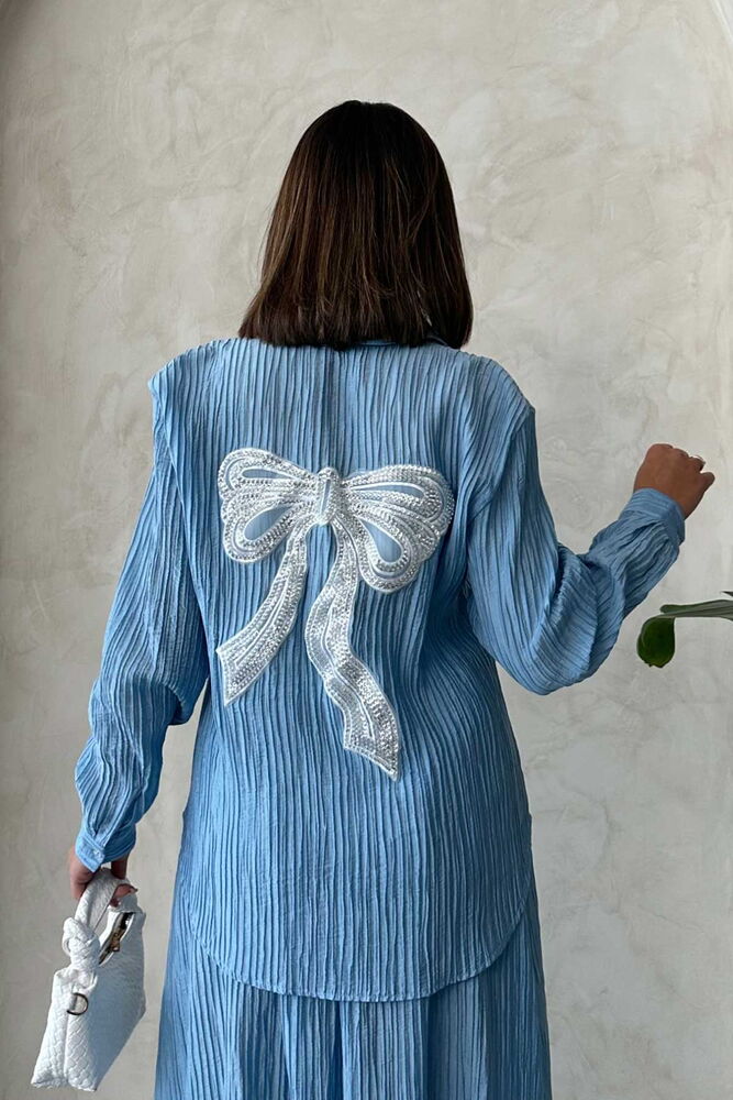 Pleated Back Bow Detail Wholesale Shirt - Blue | Topshow