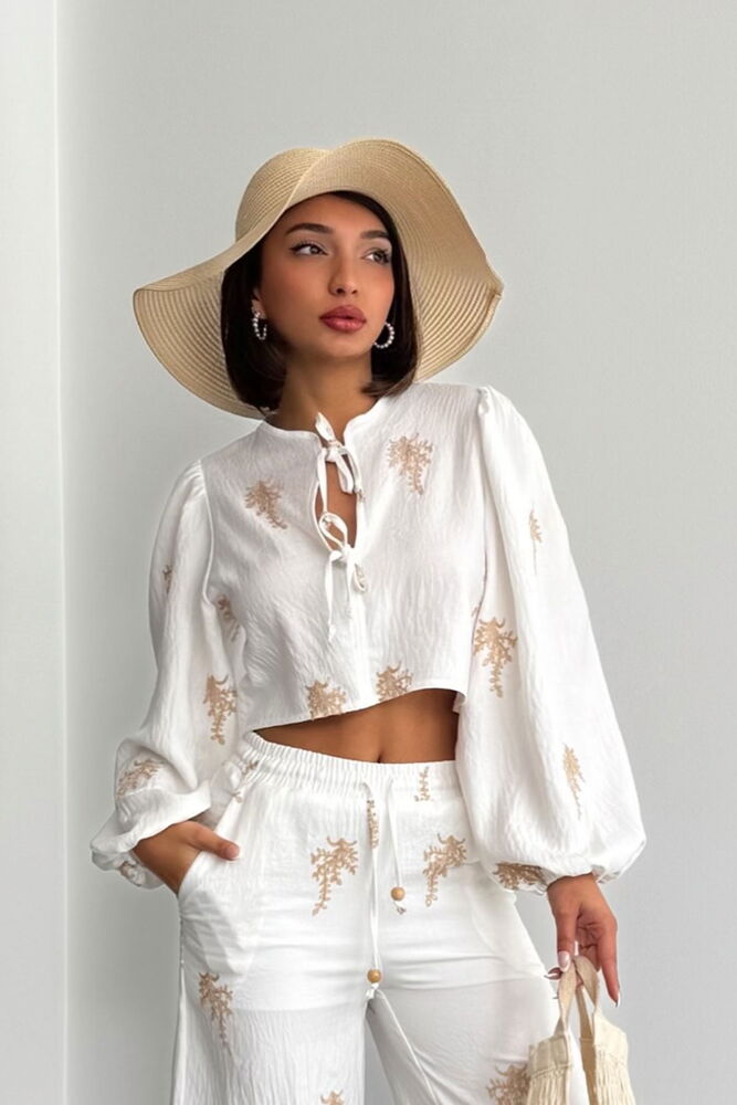 Topshow Front Tie Embroidered Detailed Wholesale Linen Blouse - Cream