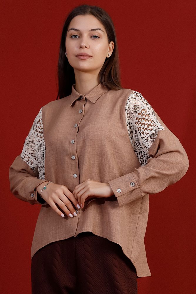 Topshow Brown Lace Detailed Linen Wholesale Shirts