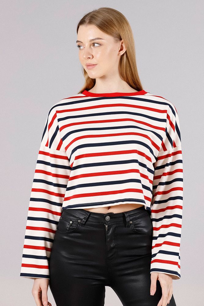 Topshow Cream Striped Crew Neck Wholesale Sweat