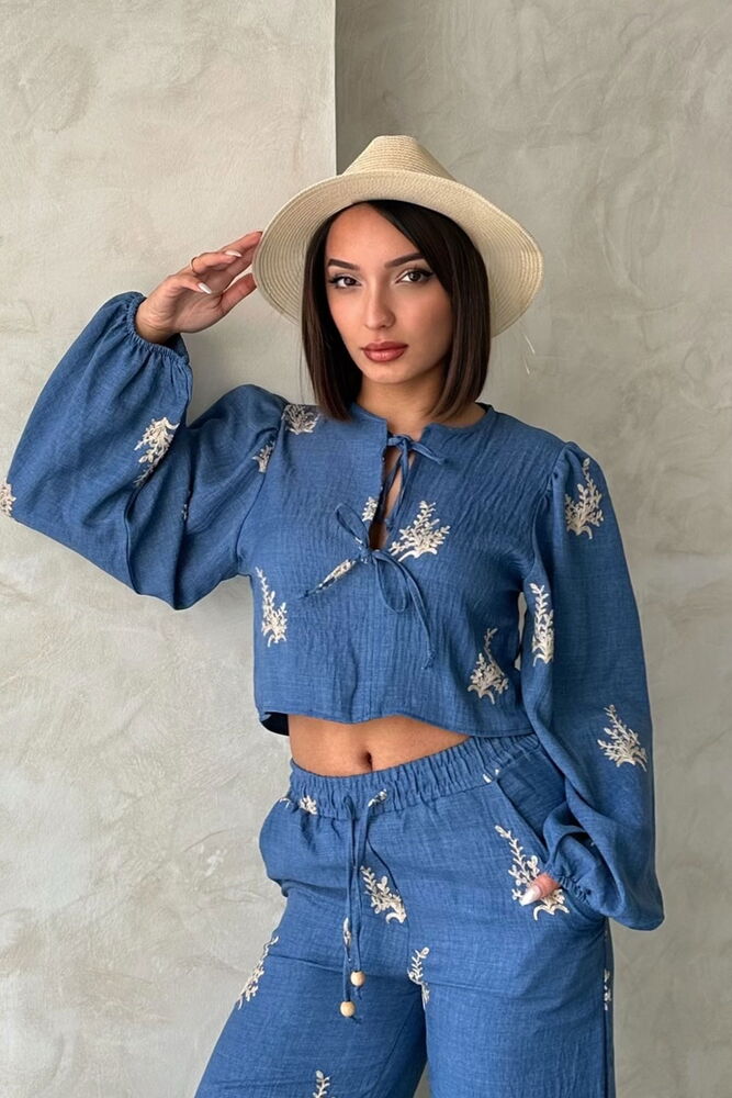 Topshow Front Tie Embroidered Detailed Wholesale Linen Blouse - Blue