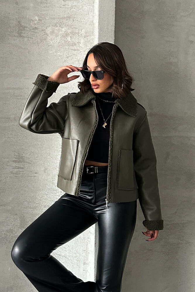 Topshow Khaki Laminated Leather Zippered Wholesale Wholesale Coat