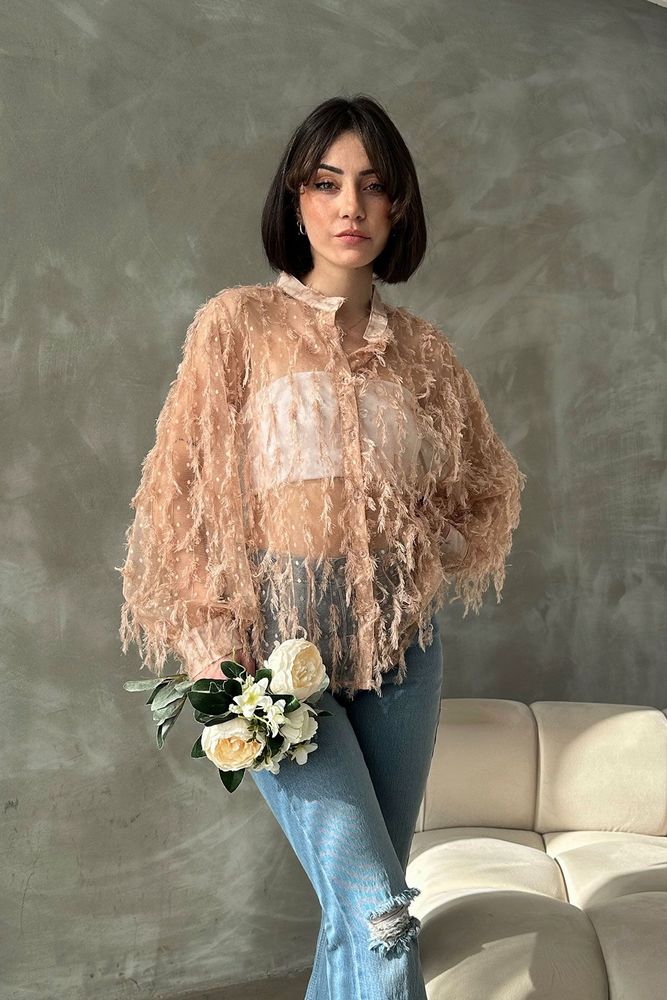 Topshow Tulle Shirt With Fringes With Stone Punatiye