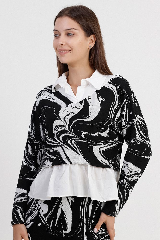 Topshow Black and White Marbled Poplin Garnished Jacquard Wholesale Blouse