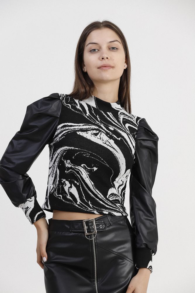 Topshow Black and White Marbled Leather Garnished Wholesale Blouse