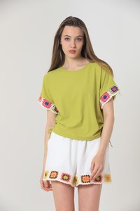 Topshow Pistachio Green Sleeve End Appliqued Crew Neck Wholesale Blouse #2