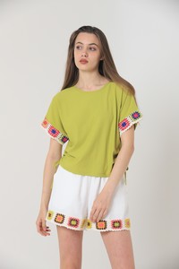 Topshow Pistachio Green Sleeve End Appliqued Crew Neck Wholesale Blouse #3