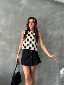 Topshow Black Checker Pattern Crochet Wholesale Blouse #2