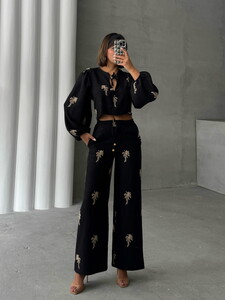 TOPSHOW Embroidered Detailed Wholesale Linen Pants - Black #2