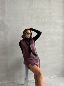 Topshow Burgundy Leather Buttoned Wholesale Vest #2