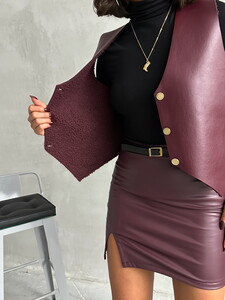 Topshow Burgundy Leather Buttoned Wholesale Vest #4