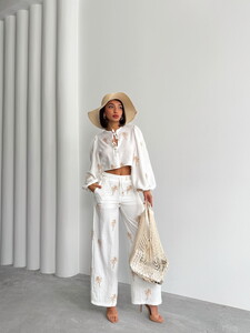 TOPSHOW Embroidered Detailed Wholesale Linen Pants - Cream #2