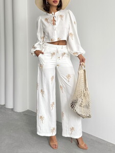 TOPSHOW Embroidered Detailed Wholesale Linen Pants - Cream #4