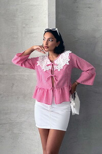 Topshow Fuchsia Front-Tied Collared Blouse #1