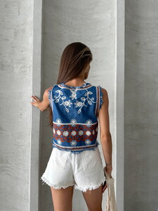 Topshow Blue Tan Embroidered Denim Wholesale Vest #5