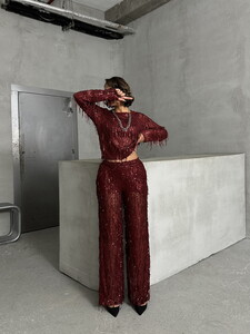 Topshow Burgundy Sequin Tulle Wholesale Pants #2