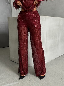 Topshow Burgundy Sequin Tulle Wholesale Pants #4