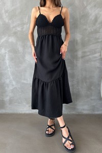 Topshow Black Linen Strappy V Neck Halter Neck Dress #4