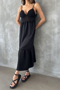 Topshow Black Linen Strappy V Neck Halter Neck Dress #3