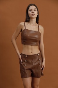 Topshow Tan Ornamental Buttoned Faux Leather Wholesale Shorts #3