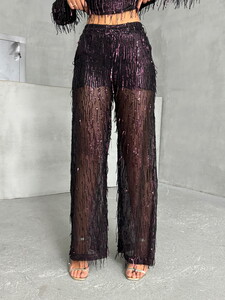 Topshow Black Burgundy Sequin Tulle Wholesale Pants #4