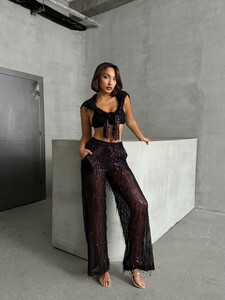 Topshow Black Burgundy Sequin Tulle Wholesale Pants #2