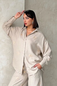 Topshow Embroidered Detailed Wholesale Linen Shirt - Stone #1