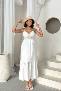 Topshow Cream Linen Strappy V Neck Halter Neck Dress #2