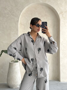 Topshow Embroidered Detailed Wholesale Linen Shirt - Gray #2