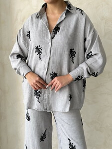 Topshow Embroidered Detailed Wholesale Linen Shirt - Gray #4