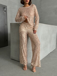 Topshow Stone Gold Sequin Tulle Wholesale Pants #4