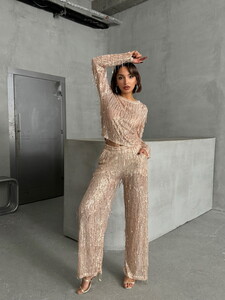 Topshow Stone Gold Sequin Tulle Wholesale Pants #2