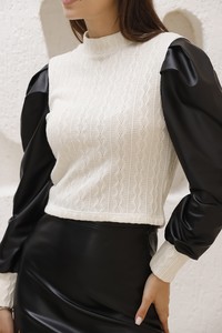 Topshow Cream Leather Detail Hair Knit Blouse #4