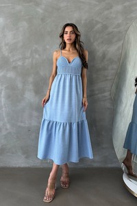 Topshow Blue Linen Strap V Neck Halter Dress #3