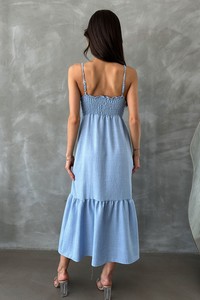 Topshow Blue Linen Strap V Neck Halter Dress #5