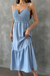 Topshow Blue Linen Strap V Neck Halter Dress #4