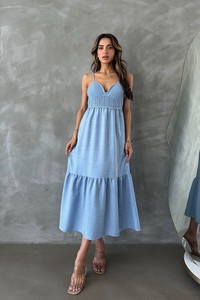 Topshow Blue Linen Strap V Neck Halter Dress #2