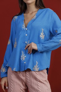 Topshow Blue Leaf Embroidered Wholesale Shirt #4