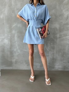 Topshow Light Blue Short Linen Wholesale Dress #4