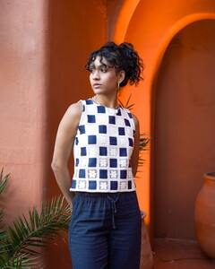 Topshow Raw Navy Blue Sleeveless Checkerboard Pattern Crochet Blouse #5